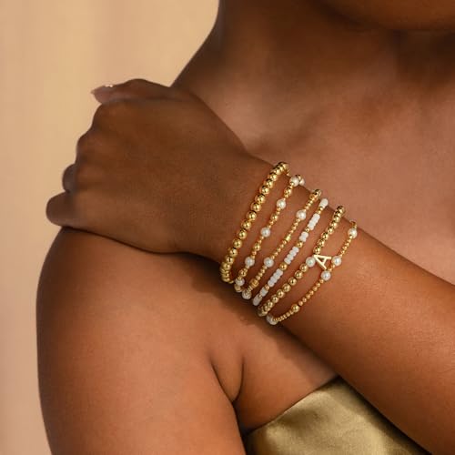 Turandoss 6PCS Beaded Initial Bracelets for Women, 18K Gold Plated Beaded Initial Letter Bracelet for Girls Women, Initial A-Z Stretch Bead Stackable Bracelet Jewelry Set Gifts2