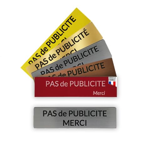 Plaque Pas de Publicité Merci – Plaquette Adhesive pas de pub en Acrylique Alluminium brossé 80x20x1.5 mm – Fabrication Française – Adhésif 3M – Stop Pub pour Boîte aux Lettres et Porte