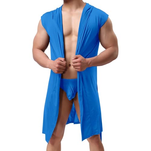 Blauer ärmelloser Seiden-Bademantel für Herren, Satin-Bademantel mit Shorts, Morgenmantel mit...
