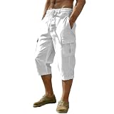 Guhmomh 3/4 Hose Herren Leichte Leinenhose Sommer Kurze Hosen Cargohose Baumwolle Shorts leinen Sommerhose Freizeithose Bermuda Herren Shorts Strand Dreiviertel Herrenhose Sporthose Männer Weiß M
