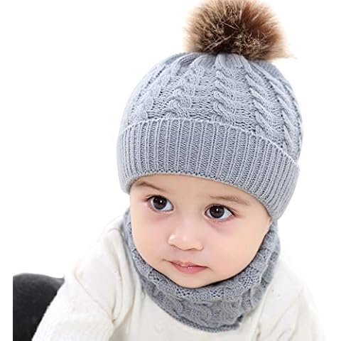 2PCS Toddler Baby Knit Hat Scarf Winter Warm Beanie Cap with Circle Loop Scarf Neckwarmer, 8.7 inchx5.98 inch, Grey Cover