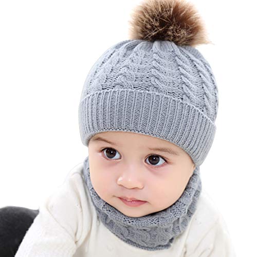 2PCS Toddler Baby Knit Hat Scarf Winter Warm Beanie Cap with Circle Loop Scarf Neckwarmer (Grey)