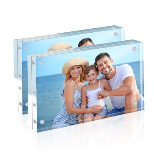 Image of HOUSE DAY Acrylic Picture Frames 3.5x5, 2 Pack Magnetic 3.5 x 5 Picture Frame, Double Sided Clear 3.5x 5 Photo Frame with Microfiber Cloth, Frameless FreeStanding 3.5x5 Frame Gift for Desktop Display