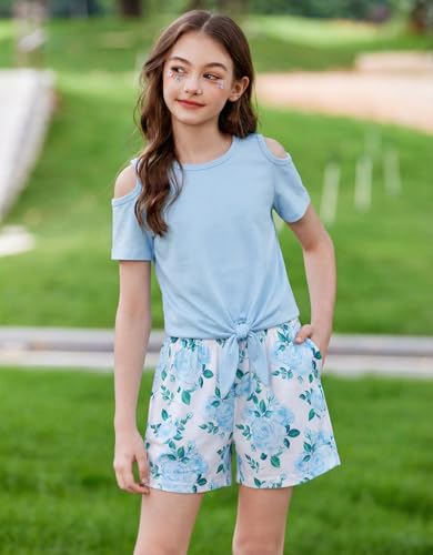 Image of Arshiner Girls Short Sets 2 Pieces Outfits Short Sleeve Tie Knot T-Shirts and Casual Shorts With Pockets Cute Clothes Sets