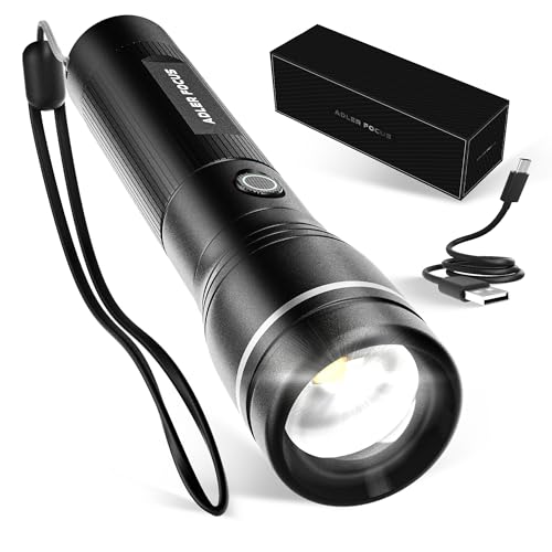 Adler Focus Taschenlampe | LED wiederaufladbar 1000 Lumen | Fokussierbare Strahlreichweite von 600 Metern | 22 Stunden Leuchtdauer | Für Camping, Wandern [Energieklasse A]