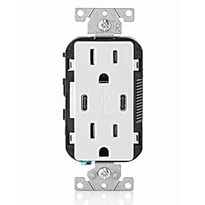 Leviton 30W (6A) USB Dual Type-C/C Power Delivery In-Wall Charger with 15A Tamper-Resistant Outlet, USB Charger for Smartphones, Tablets, Laptops, T5635-W, White
