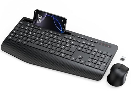 Ensemble Clavier et Souris sans Fil, Ergonomique Pleine Taille Clavier avec Repose-Poignet, Support, Mode Veille, 2,4 GHz Silencieux Clavier Souris pour...