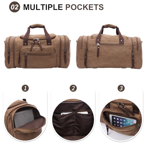 Vintage Canvas Duffle Bag, 55L Stylish Vintage Canvas Travel Duffel Backpack Multifunctional Overnight Weekender Overnight Travel Bag For Men and Women (Coffee)4