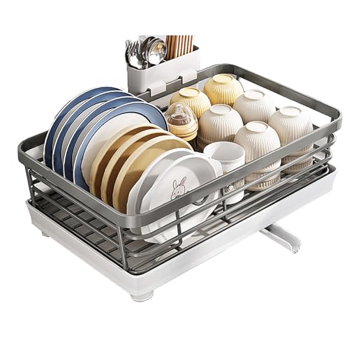 ARMAAN Escurridor De Platos Multifuncional para Encimera De Cocina con Soporte para Cubiertos, Solución De Almacenamiento Resistente A La Oxidación, con Organizador De Metal Giratorio,Grey-Small