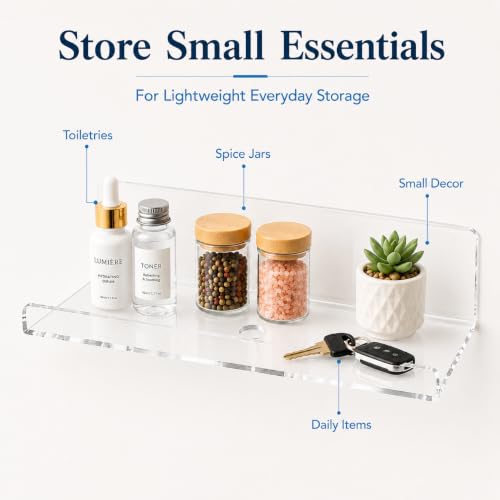 Image of Clear Acrylic Floating Shelves, No Drill Adhesive Wall Shelves, 4 Pack | Clear Acrylic Design; 4 Pack Wall Shelves; Adhesive Mount Only; No Drill Installation; 12 lb Max Load