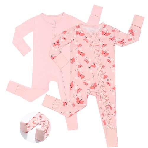 Image of JunNeng Baby Girl Viscose from Bamboo Sleeper with Mitten Cuffs, 2 Way Zipper Romper, Sleep N' Play Pajamas 0-18 Months