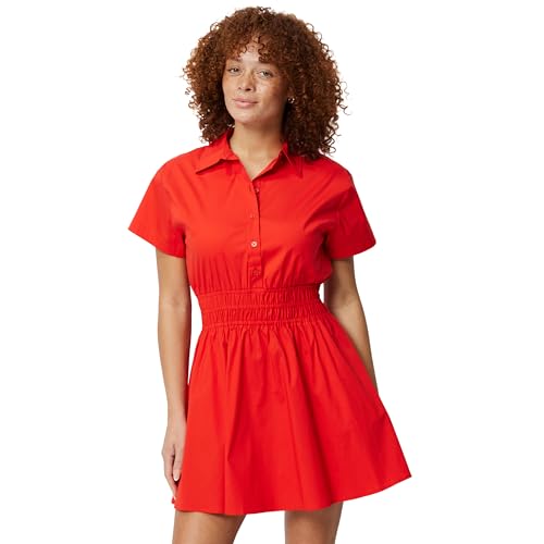 Amazon Essentials Womens Fit & Flare Cotton Poplin Collared Short Sleeve Dress with Elastic Waist Red XX-Large