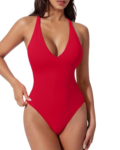SUUKSESS Women Sexy Low Back One Piece Swimsuit Slimming Tummy Control Bathing Suit V Neck High Cut Swimwear (Red M)