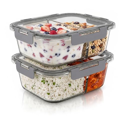 Arendo - Glas Frischhaltedosen Vorratsdosen für Lebensmittel mit Deckel luftdicht - 2 Fächer - 2er Set - 1500 ml - für Mikrowelle Gefrierschrank - Spülmaschinen geeignet - Lunchboxen Meal Prep Boxen
