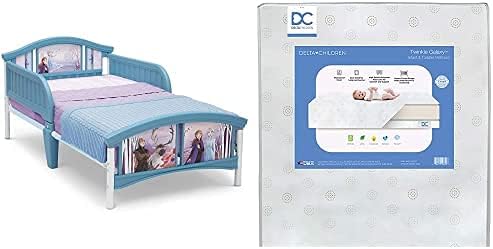 Delta Children Plastic Toddler Bed, Disney Frozen II Twinkle Galaxy Dual Sided Recycled Fiber Core Toddler Mattress (Bundle)