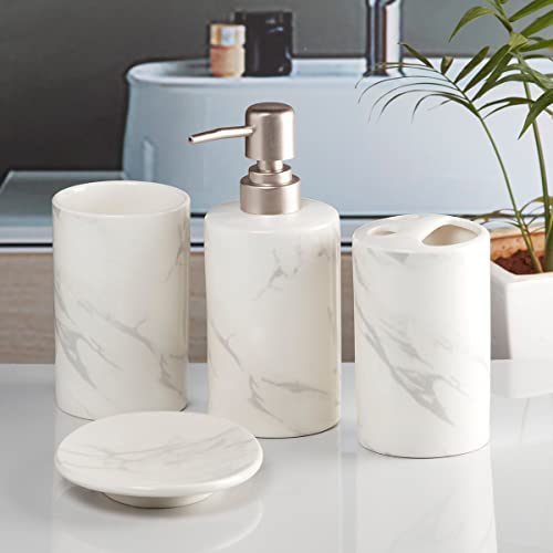 Image of SaSaSa Ceramic Bathroom Accessories Set of 4 Modern Bath Set with Soap Dispenser & Toothbrush Holder, Luxury Home & Gift Idea, White /Light Grey (8478)