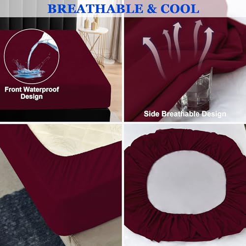 Image of 100% Waterproof Mattress Protector | Permium Cotton Mattress Skin Friendly Bed Cover | Breathable & Non-Allergenic Ultra Soft Elastic Fitted Bed Protector | 78x60 Inch, Queen, Maroon