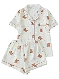 Verdusa Women's 2 Piece Pajama Set Lightweight Summer Pajamas Cute Pjs Sets Sleepwear Button Up Lounge Sets Apricot Bears Medium