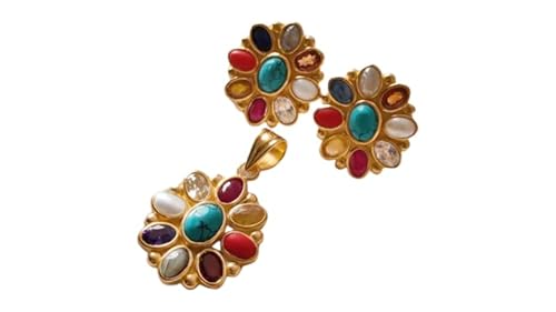 Cluster Pendant Earring Set, Natural NAVRATAN Gemstone Set, Women Navratan Earring, Womens Navratan Pendant, 925 Sterling Silver Jewelry, Multi Gemstone, Gold Micron, Genuine stone, Handmade Jewelry