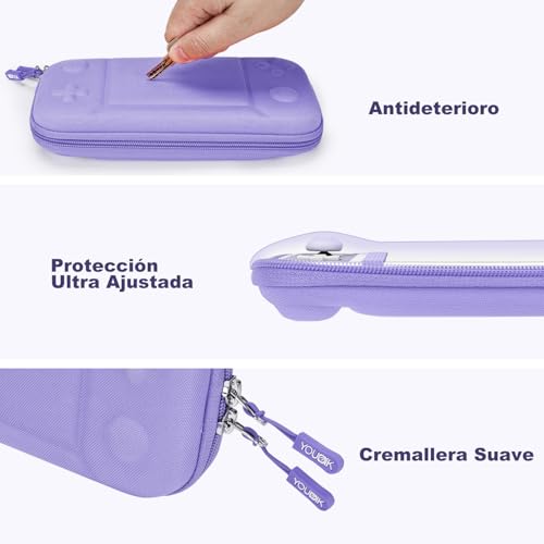 Estuche para tarjetas de juego y funda Switch Lite morada con protector de pantalla 4