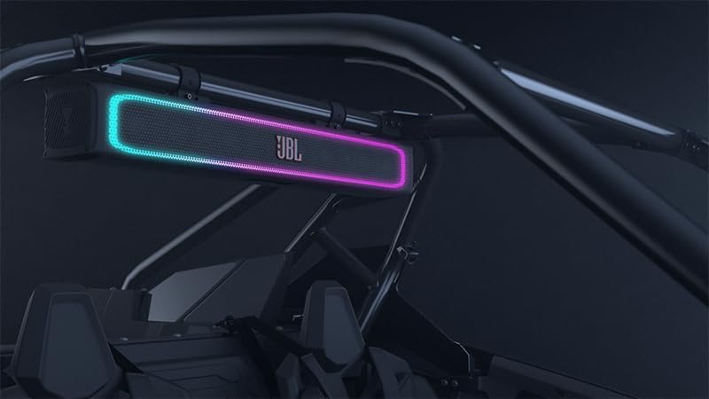 JBL RallyBar installed in a vehicle's interior with active LED lights