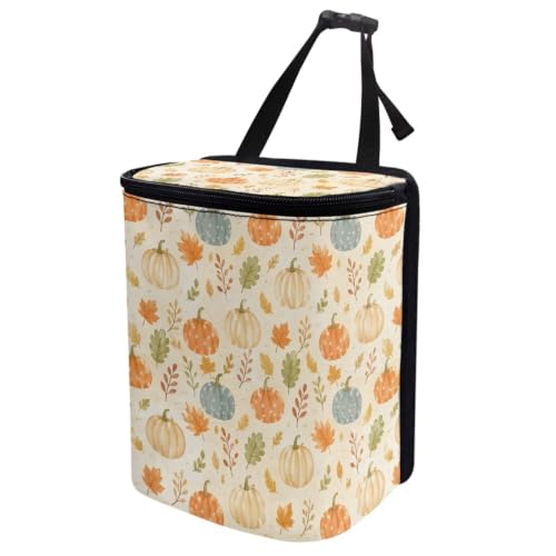 Image of Talayituse Fall Pumpkin Maple Leaf Print Car Trash Can with Lid, Leak Proof Auto Trash Bag Hanging Vehicle Garbage Can Multipurpose Storage Container for Back Seat Road Trip Autumn Decor