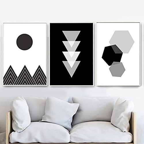 Oeuvre géométrique flèche montagne sur toile de qualité supérieure triptyque abstrait monochrome