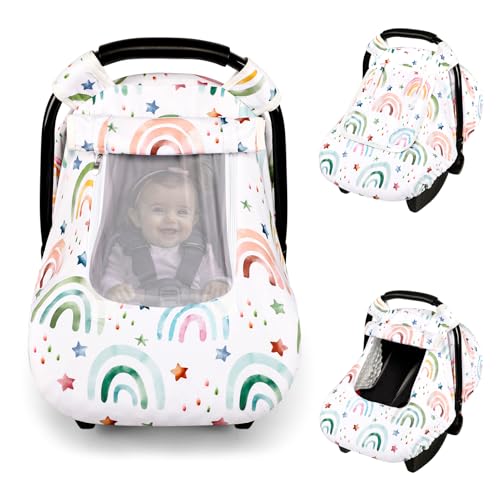 Image of Car Seat Cover for Babies Girls Boys, Infant Carseat Canopy for Newborn with Breathable Mesh Peep Windows, Warm and Windproof, Ultra Soft Baby Carseat Covers for All Seasons, RainbowStar