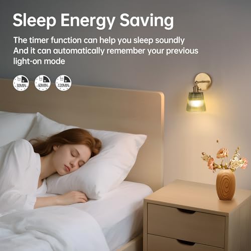 Image of Shenmoyl Vintage Battery Operated Wall Sconce with Green Stripe Glass Lampshade Rechargeable Battery Powered Wall Light with Remote Control for Bedside Bedroom Doorway