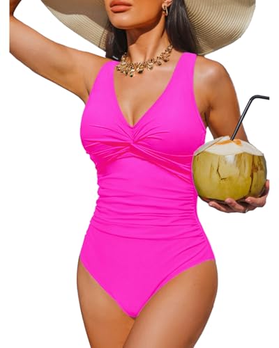 Holipick Hot Pink Women Tummy Control One Piece Swimsuit -