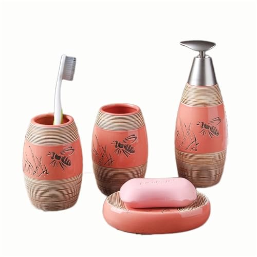 蜂柄セラミックバスルームセット4点セット、ピンクのソープディスペンサー&ディッシュ、女の子のバスルーム装飾用 バスセット