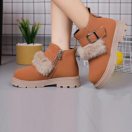 Girls Furry Winter Boots with Buckle Cozy Platform Chunky Heel Mid Calf Booties Anti-Slip Snow Boot3