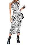 WDIRARA Women's Halter Sleeveless Zebra Print Elegant Casual Bodycon Long Dress Black and White M