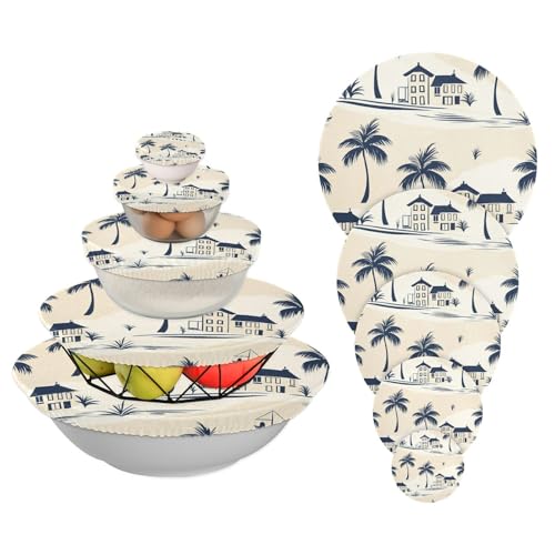 5 fundas elásticas reutilizables en 5 tamaños, tapas de masa madre para alimentos, ensalada de frutas, ecológicas (casa de playa beige vintage)