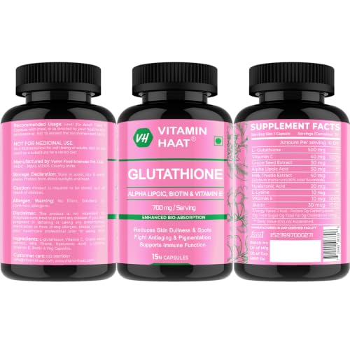 Image of L Glutathione Supplement with Vitamin C, Alpha Lipoic Acid, Biotin, Vitamin E & Grape Seed Extract | Glutathione for Antioxidant Support, Skin Wellness & Beauty Nutrition | 15 Capsules by VitaminHaat