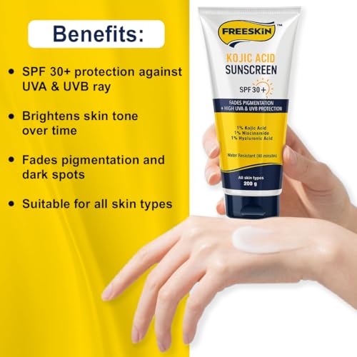 Image of Free Skin Kojic Acid Sunscreen SPF 30+ | Fades Pigmentation & Dark Spots | High UVA Protection | Enriched with 1% Kojic Acid, 1% Niacinamide & 1% Hyaluronic Acid | Suitable for All Skin Types | 200g