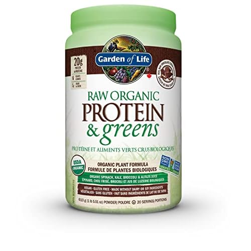 Garden of Life Raw Organic Protein & Greens – Chocolate 610.0 Gram Chocolate. Packed with 20g of protein, 6 veggies and 1g sugar. A delicious protein boost from organic sprouted brown rice, organic pea & organic chia, plus a blend of nutrient-rich greens. Gluten free, made without dairy or soy ingredients, vegan