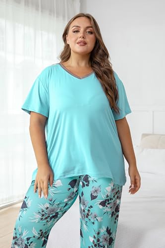 Image of Vozanet Women's Pajama Sets Short Sleeve with Long Pant Soft Sleepwear Printed pj Loungewear With TWO Pockets Size 1X to 5X