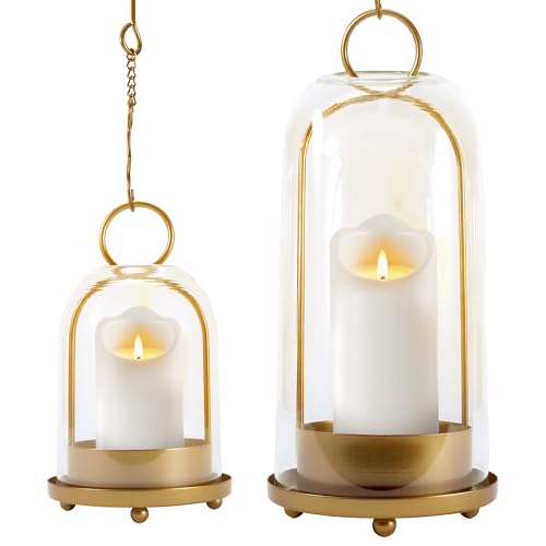 MUTUALUS Hurricane Glass Candle Holders, Large & Medium Brass Lanterns