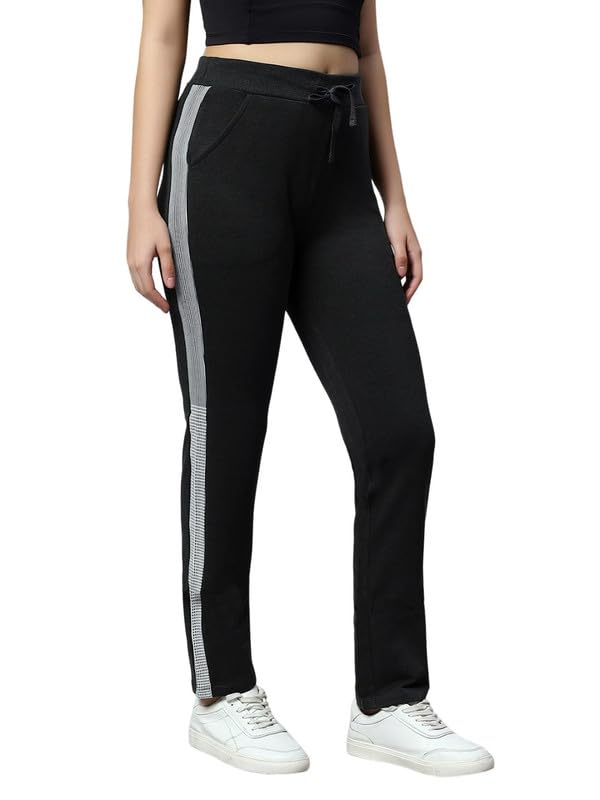 Image of Women's Cotton Regular Fit Mid-Rise Solid Black Track Pant with Stretchable,Two Side Pockets