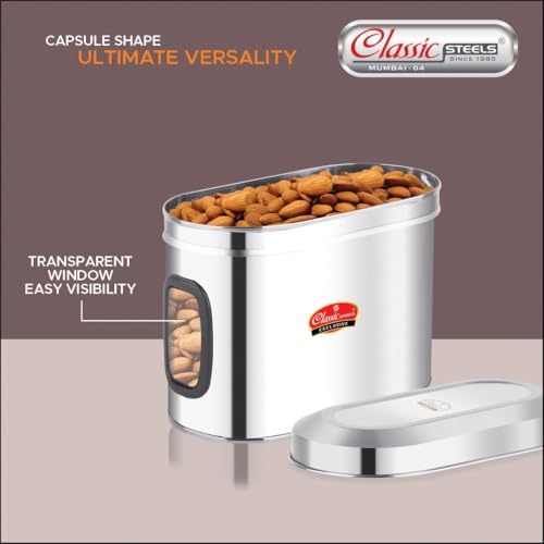 Image of Classic Steels Oval Stainless Steel Kitchen Storage Canisters with Transparent Window (1500 ml) | Airtight Food Containers for Pantry Organization | Mirror Finish, Rust-Proof, Dishwasher Safe