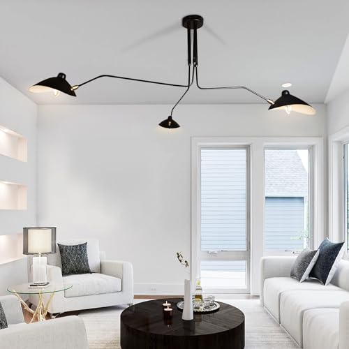 63 Mid-Century Modern Chandelier, Matt Black Adjustable 3-Arms Large Pendant Lighting Fixture for Bedroom Dining Room Living Room Kitchen Island 3-Light