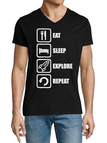 T-shirt col en V homme coton noir anti-déformation logo fusée