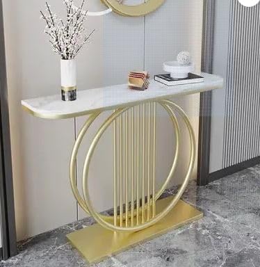 Console Table with White Marble Top, Gold Metal Base, Circular Design, Modern Entryway Furniture