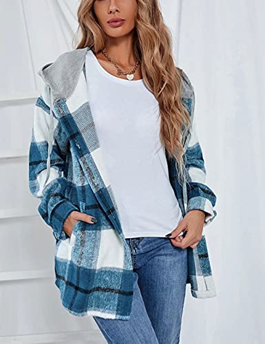 Bozanly Women's Oversized Flannel Plaid Shacket Jacket with Hood Long Sleeve Button Down Shirts Hoodie3