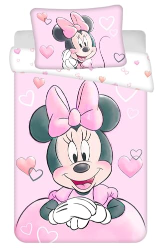 Parure de Lit Minnie Powder Pink pour Lit Bébé ou Junior, 100% Coton, Housse de Couette 100x135 cm + Taie d'oreiller