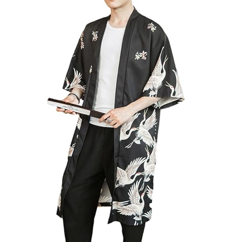 Men's Loose 3/4 Wide Sleeve Kimono Drop Shoulder Longline Yukata Robe Gown Tops Shirt Haori Coat Retro2