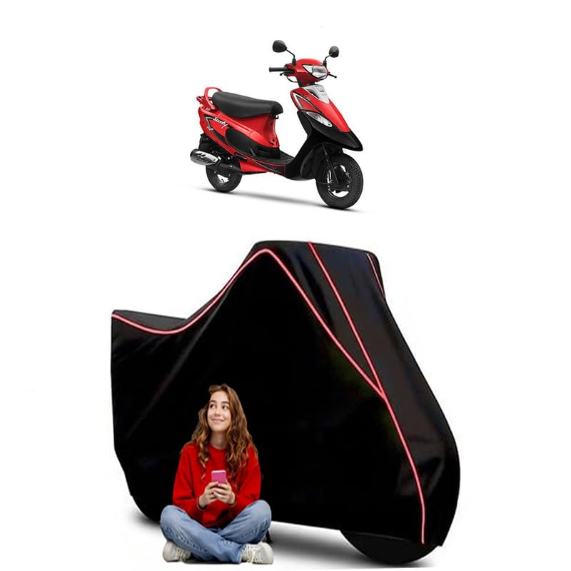 Image of Pep Plus Glossy Scooty Bike Cover Water Resistant Outdoor Use Universal Fit Scooters Motorcycles Heavy Duty UV Protection Dust Rain Scratch Resistant Elastic Bottom Black Blue Piping