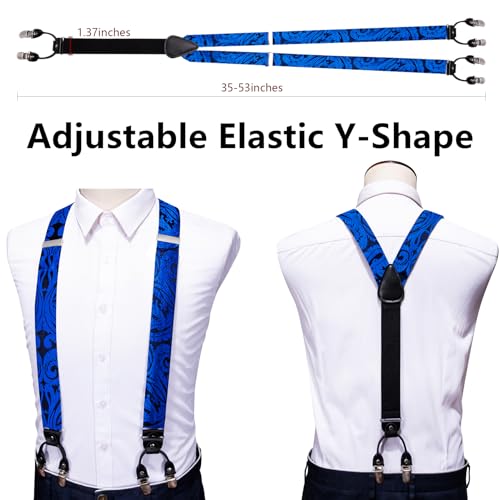 Image of Barry.Wang Men Suspender Set with Necktie Elastic Y Type Heavy Duty 6 Clips Braces Tie Handkerchief Cufflink Pin 6PCS