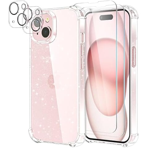 KSWOUS for iPhone 15 Case Glitter with 2 Pack Screen Protector + 2 Pack Camera Lens Protector, Clear Glittering Cute Phone Case Shockproof Soft TPU Bumper Cover for Women Girls Cover
